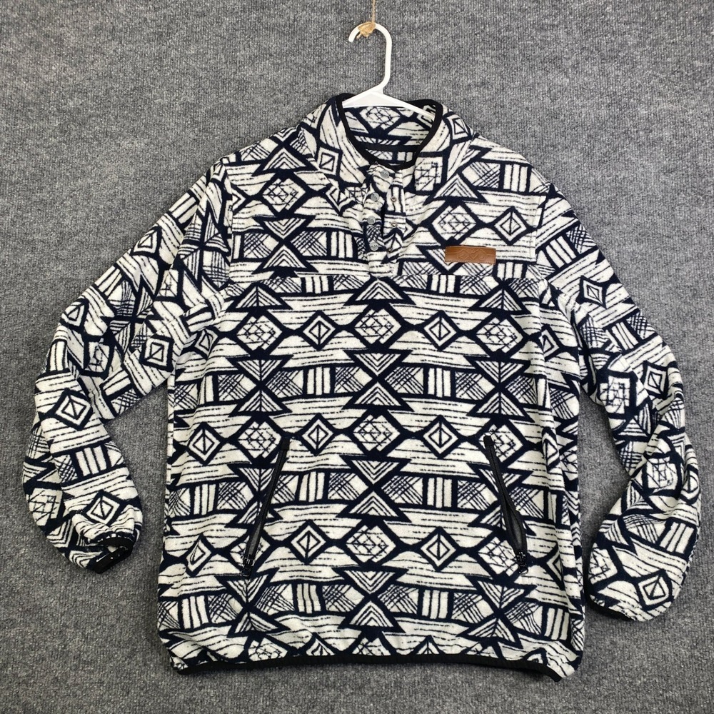 KAVU Klear Above Fleece Pullover Mens XL Black White Geometric Snap Neck Flaw